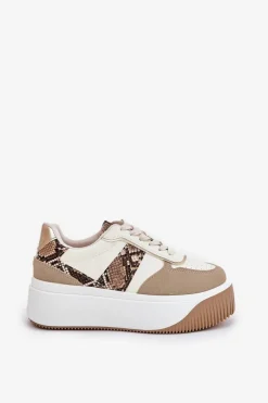 Sneakersy Damskie Na Masywnej Platformie Zwierzęcy Wzór Beżowe Telanila