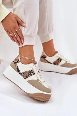 Sneakersy Damskie Na Masywnej Platformie Zwierzęcy Wzór Beżowe Telanila
