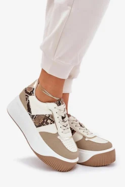 Sneakersy Damskie Na Masywnej Platformie Zwierzęcy Wzór Beżowe Telanila
