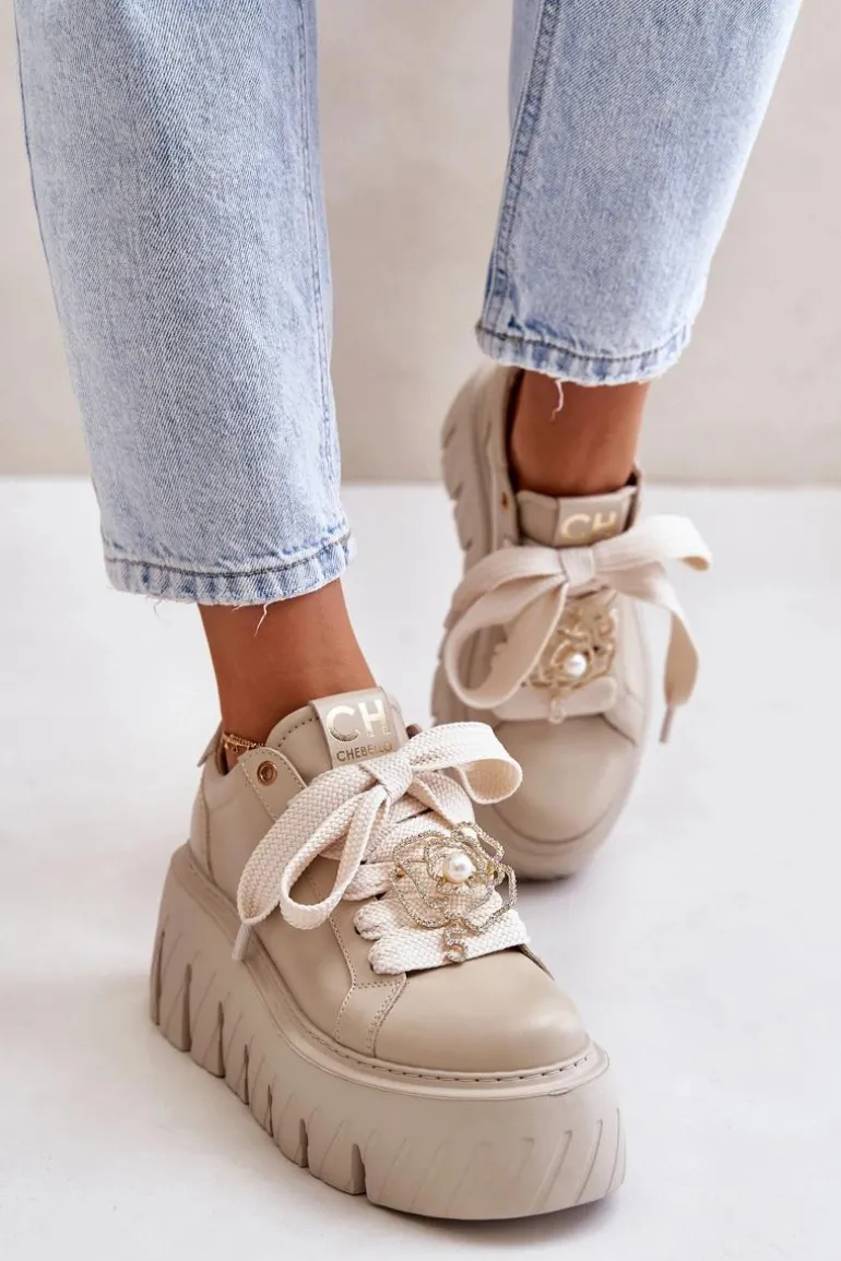 Sneakersy Damskie Na Masywnej Podeszwie Ze Złotą Ozdobą CheBello 4530 Beżowe