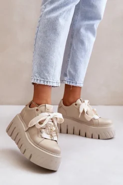 Sneakersy Damskie Na Masywnej Podeszwie Ze Złotą Ozdobą CheBello 4530 Beżowe