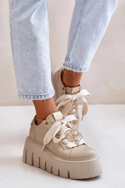 Sneakersy Damskie Na Masywnej Podeszwie Ze Złotą Ozdobą CheBello 4530 Beżowe