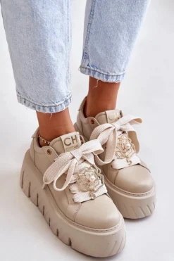Sneakersy Damskie Na Masywnej Podeszwie Ze Złotą Ozdobą CheBello 4530 Beżowe