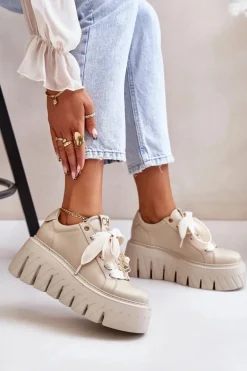 Sneakersy Damskie Na Masywnej Podeszwie Ze Złotą Ozdobą CheBello 4530 Beżowe