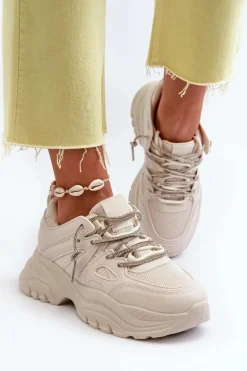 Sneakersy Damskie Na Masywnej Podeszwie Z Ozdobnym Sznurowaniem Beżowe Relissa