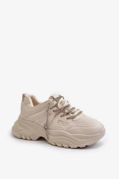 Sneakersy Damskie Na Masywnej Podeszwie Z Ozdobnym Sznurowaniem Beżowe Relissa