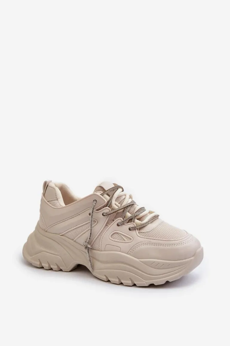 Sneakersy Damskie Na Masywnej Podeszwie Z Ozdobnym Sznurowaniem Beżowe Relissa