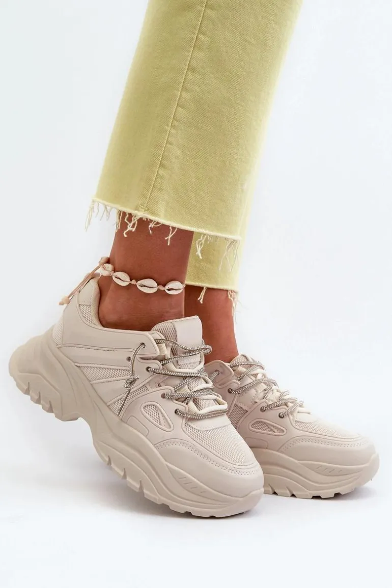Sneakersy Damskie Na Masywnej Podeszwie Z Ozdobnym Sznurowaniem Beżowe Relissa
