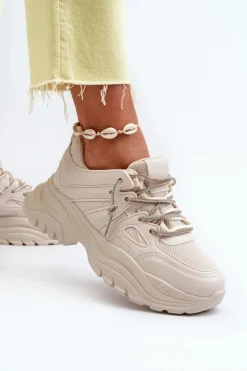 Sneakersy Damskie Na Masywnej Podeszwie Z Ozdobnym Sznurowaniem Beżowe Relissa