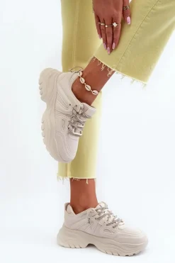 Sneakersy Damskie Na Masywnej Podeszwie Z Ozdobnym Sznurowaniem Beżowe Relissa