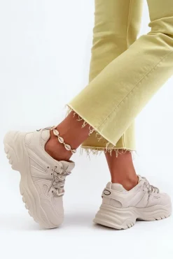 Sneakersy Damskie Na Masywnej Podeszwie Z Ozdobnym Sznurowaniem Beżowe Relissa