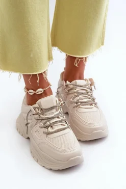 Sneakersy Damskie Na Masywnej Podeszwie Z Ozdobnym Sznurowaniem Beżowe Relissa