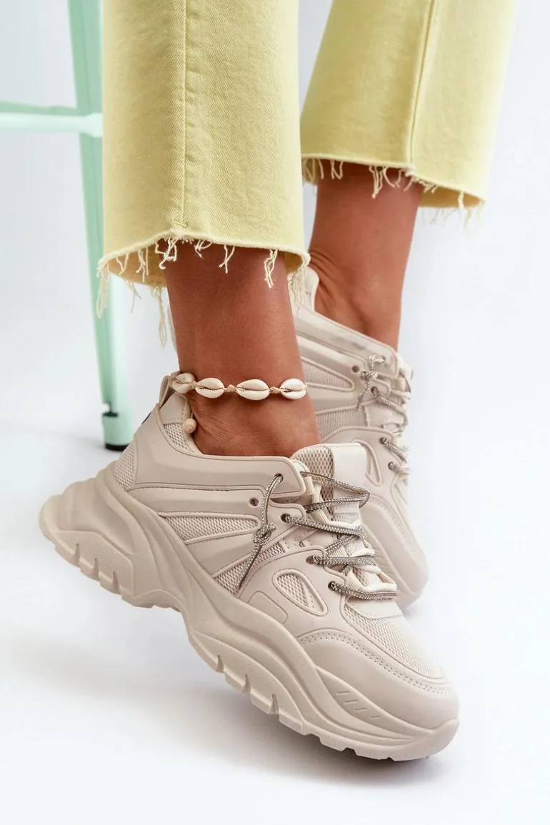 Sneakersy Damskie Na Masywnej Podeszwie Z Ozdobnym Sznurowaniem Beżowe Relissa