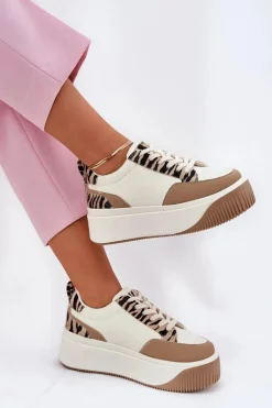 Sneakersy Damskie Na Masywnej Platformie Zebra Beżowe Tamorniel