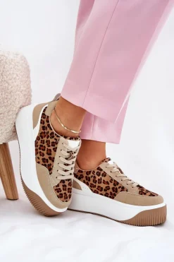 Sneakersy Damskie Na Masywnej Platformie Panterka Beżowe Tamorniel