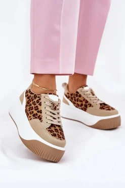 Sneakersy Damskie Na Masywnej Platformie Panterka Beżowe Tamorniel