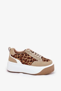 Sneakersy Damskie Na Masywnej Platformie Panterka Beżowe Tamorniel