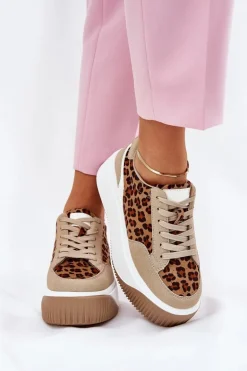 Sneakersy Damskie Na Masywnej Platformie Panterka Beżowe Tamorniel