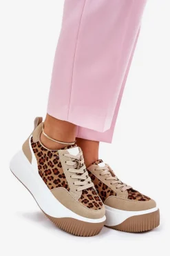 Sneakersy Damskie Na Masywnej Platformie Panterka Beżowe Tamorniel