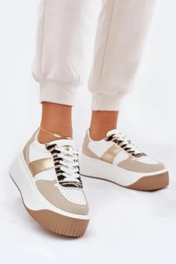 Sneakersy Damskie Na Masywnej Platformie Zwierzęcy Wzór Beżowo-Złote Telanila