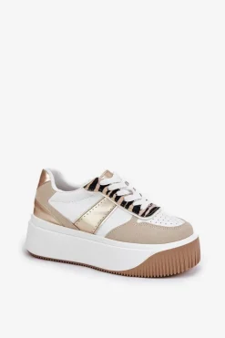 Sneakersy Damskie Na Masywnej Platformie Zwierzęcy Wzór Beżowo-Złote Telanila