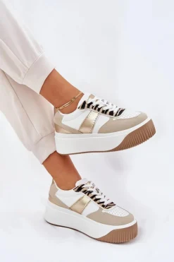 Sneakersy Damskie Na Masywnej Platformie Zwierzęcy Wzór Beżowo-Złote Telanila