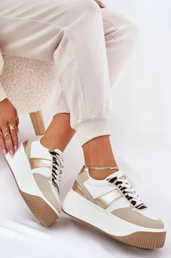 Sneakersy Damskie Na Masywnej Platformie Zwierzęcy Wzór Beżowo-Złote Telanila