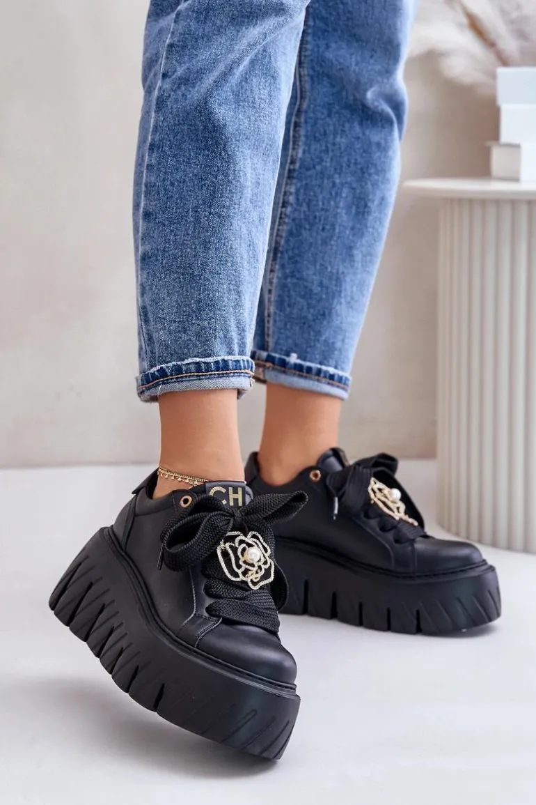 Sneakersy Damskie Na Masywnej Podeszwie Ze Złotą Ozdobą CheBello 4530 Czarne