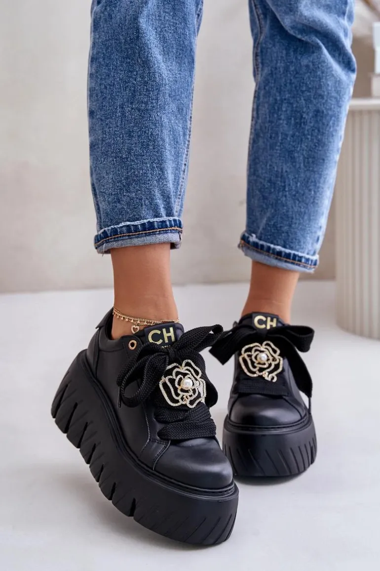 Sneakersy Damskie Na Masywnej Podeszwie Ze Złotą Ozdobą CheBello 4530 Czarne