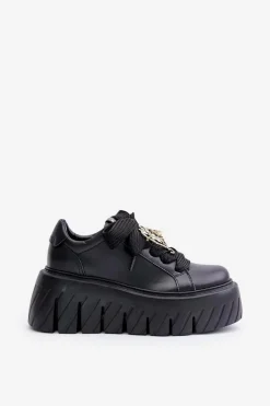 Sneakersy Damskie Na Masywnej Podeszwie Ze Złotą Ozdobą CheBello 4530 Czarne