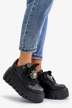 Sneakersy Damskie Na Masywnej Podeszwie Ze Złotą Ozdobą CheBello 4530 Czarne