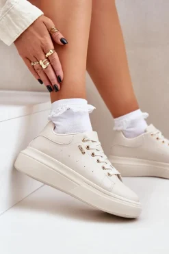 Sneakersy Damskie Na Platformie Eko Skóra Jasnobeżowe Lelandine