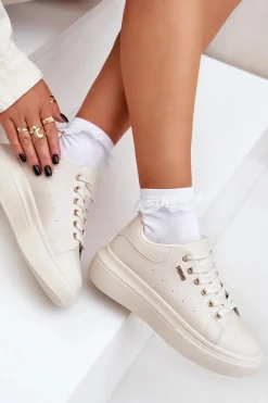 Sneakersy Damskie Na Platformie Eko Skóra Jasnobeżowe Lelandine