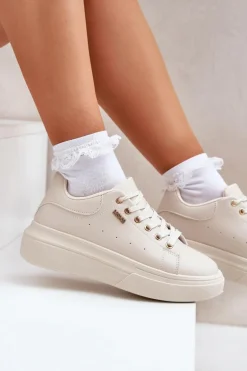 Sneakersy Damskie Na Platformie Eko Skóra Jasnobeżowe Lelandine