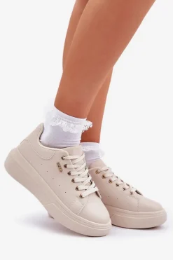 Sneakersy Damskie Na Platformie Eko Skóra Jasnobeżowe Lelandine