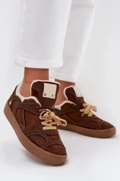 Sneakersy Damskie Na Platformie Ocieplane Futerkiem Brązowe Solvia