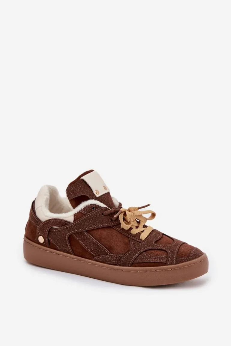 Sneakersy Damskie Na Platformie Ocieplane Futerkiem Brązowe Solvia