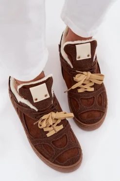 Sneakersy Damskie Na Platformie Ocieplane Futerkiem Brązowe Solvia