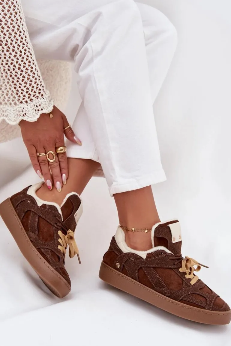 Sneakersy Damskie Na Platformie Ocieplane Futerkiem Brązowe Solvia