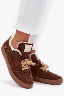 Sneakersy Damskie Na Platformie Ocieplane Futerkiem Brązowe Solvia