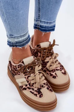 Sneakersy Damskie Na Platformie Z Podwójnym Sznurowaniem Panterka Beżowe Niteria