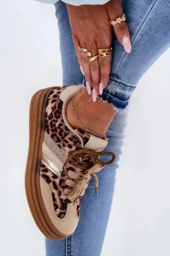 Sneakersy Damskie Na Platformie Z Podwójnym Sznurowaniem Panterka Beżowe Niteria