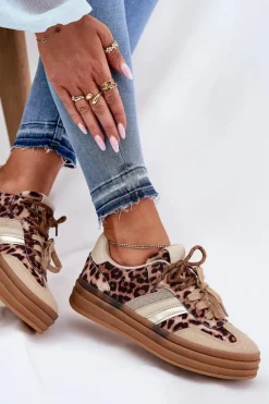 Sneakersy Damskie Na Platformie Z Podwójnym Sznurowaniem Panterka Beżowe Niteria
