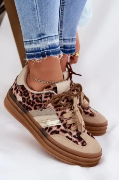 Sneakersy Damskie Na Platformie Z Podwójnym Sznurowaniem Panterka Beżowe Niteria
