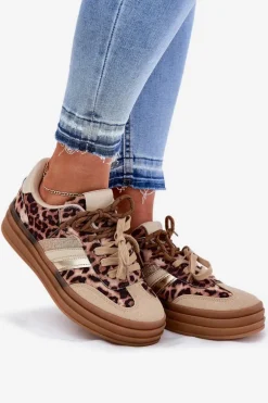 Sneakersy Damskie Na Platformie Z Podwójnym Sznurowaniem Panterka Beżowe Niteria
