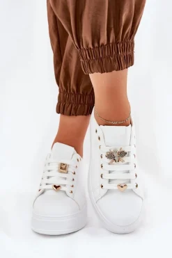 Sneakersy Damskie Na Platformie Z Przypinkami Białe Ilanina