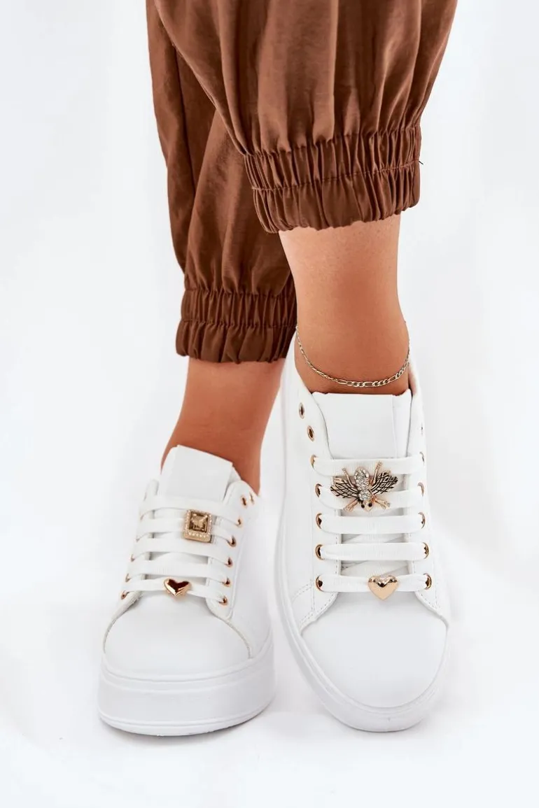 Sneakersy Damskie Na Platformie Z Przypinkami Białe Ilanina