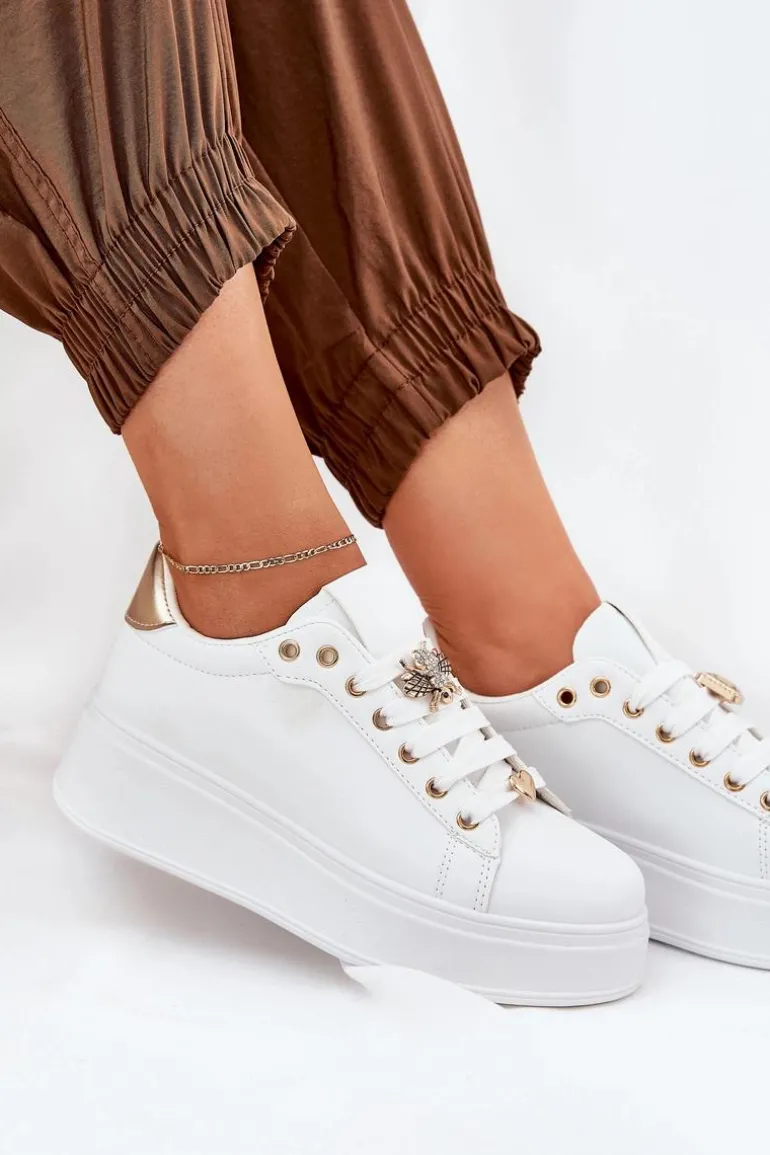 Sneakersy Damskie Na Platformie Z Przypinkami Białe Ilanina
