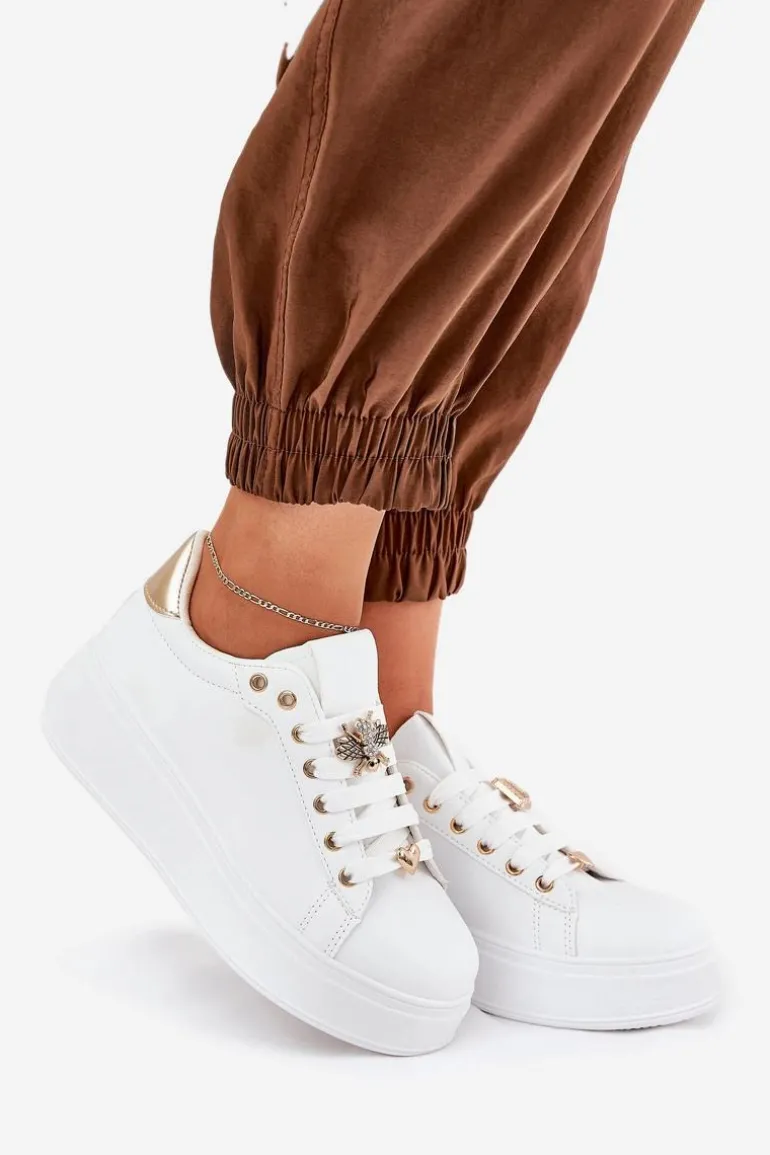 Sneakersy Damskie Na Platformie Z Przypinkami Białe Ilanina