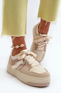 Sneakersy Damskie Na Platformie Z Eko Skóry Beżowe Moun